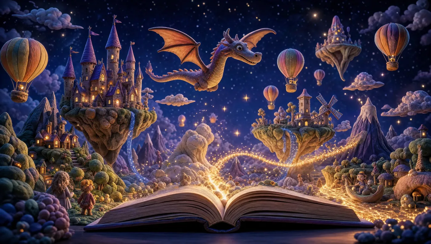 An open storybook radiating a whole magical world