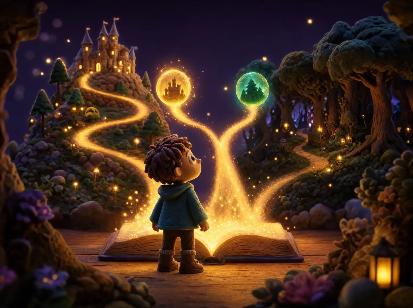 A child choosing between two story paths